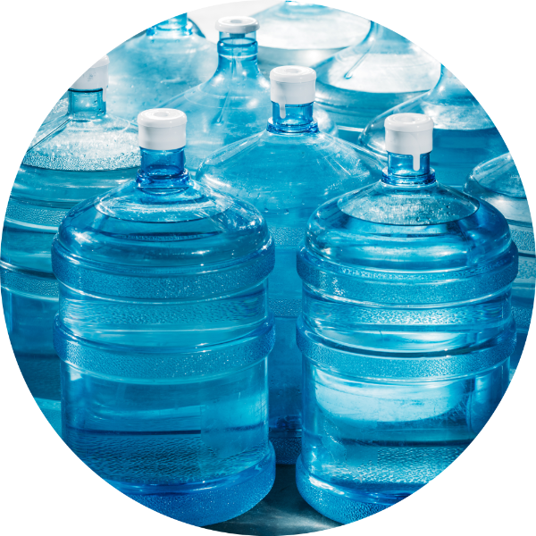 circular image of 5-gallon water bottles